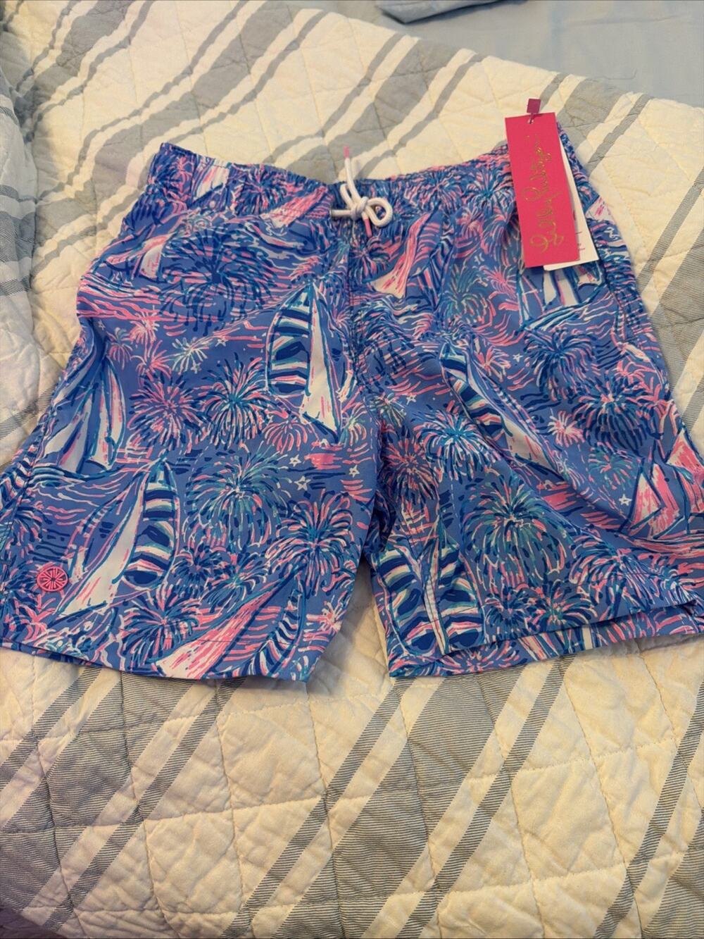 Lilly Pulitzer Boca Blue Pink Sailabration Swimsuit Swim Trunks Boys L 8/10 NWT